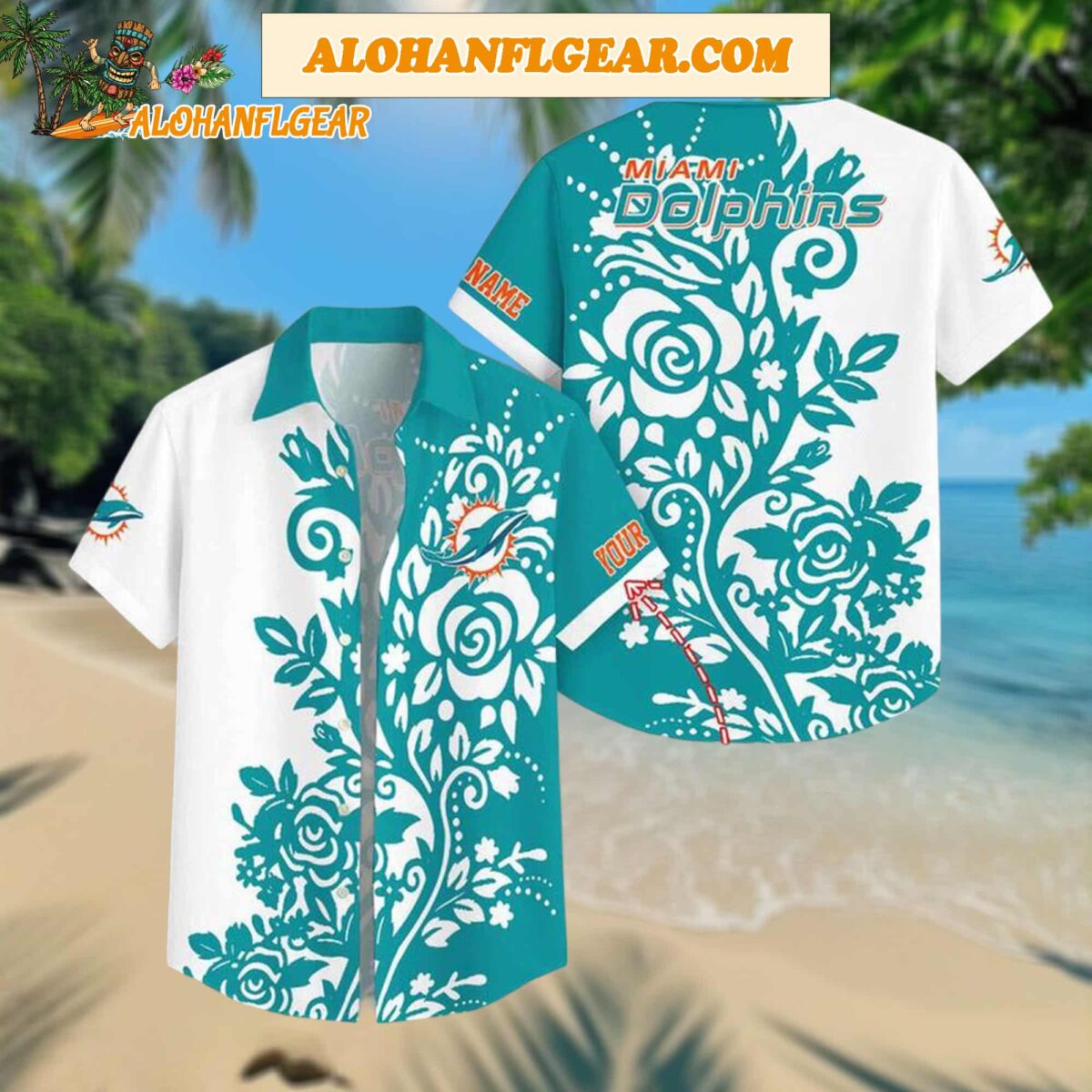 Custom Name Miami Dolphins Rose Branch Pattern Aloha Hawaiian Shirt 1