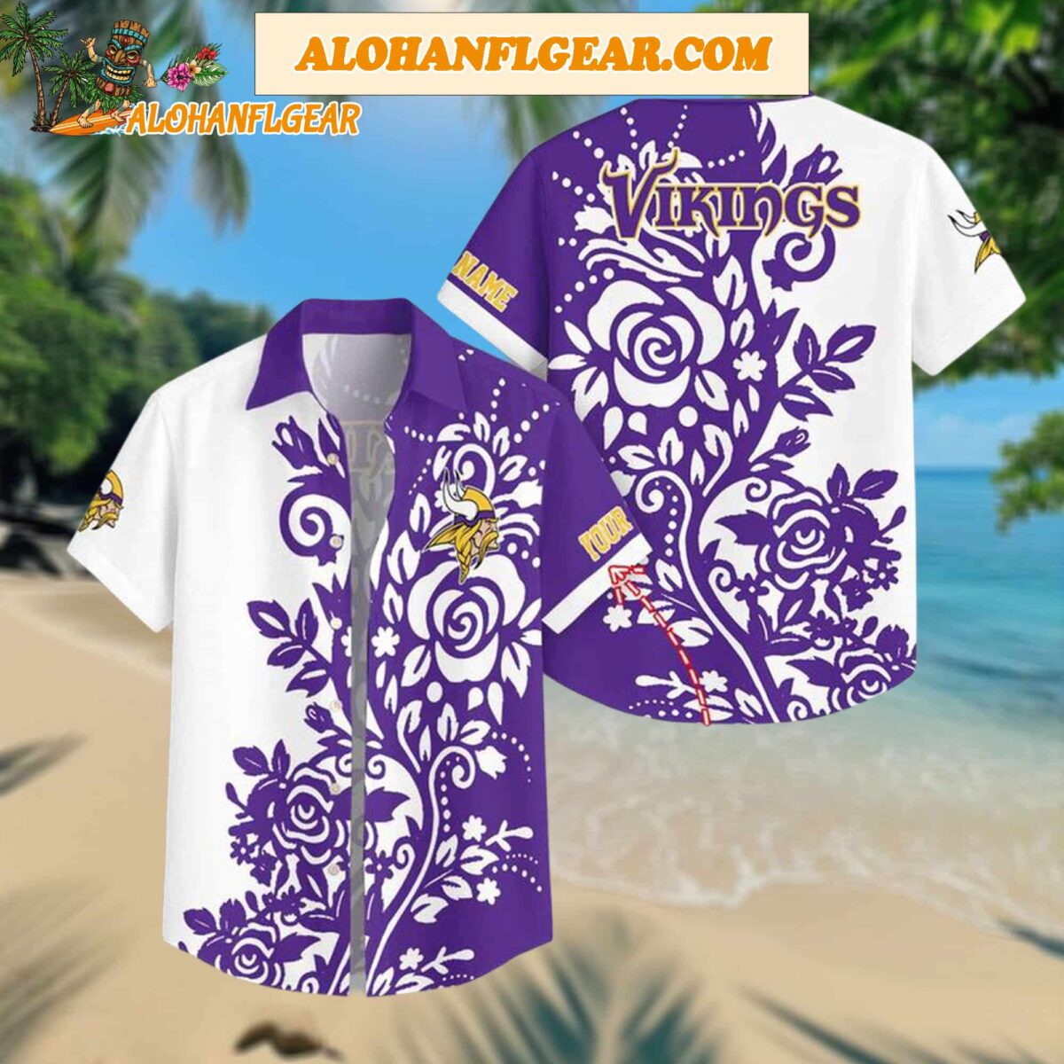 Custom Name Minnesota Vikings Rose Branch Pattern Aloha Hawaiian Shirt 1