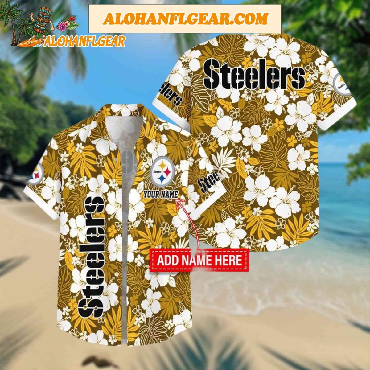 Custom Name Pittsburgh Steelers Hibicus Pattern Aloha Hawaiian Shirt 1