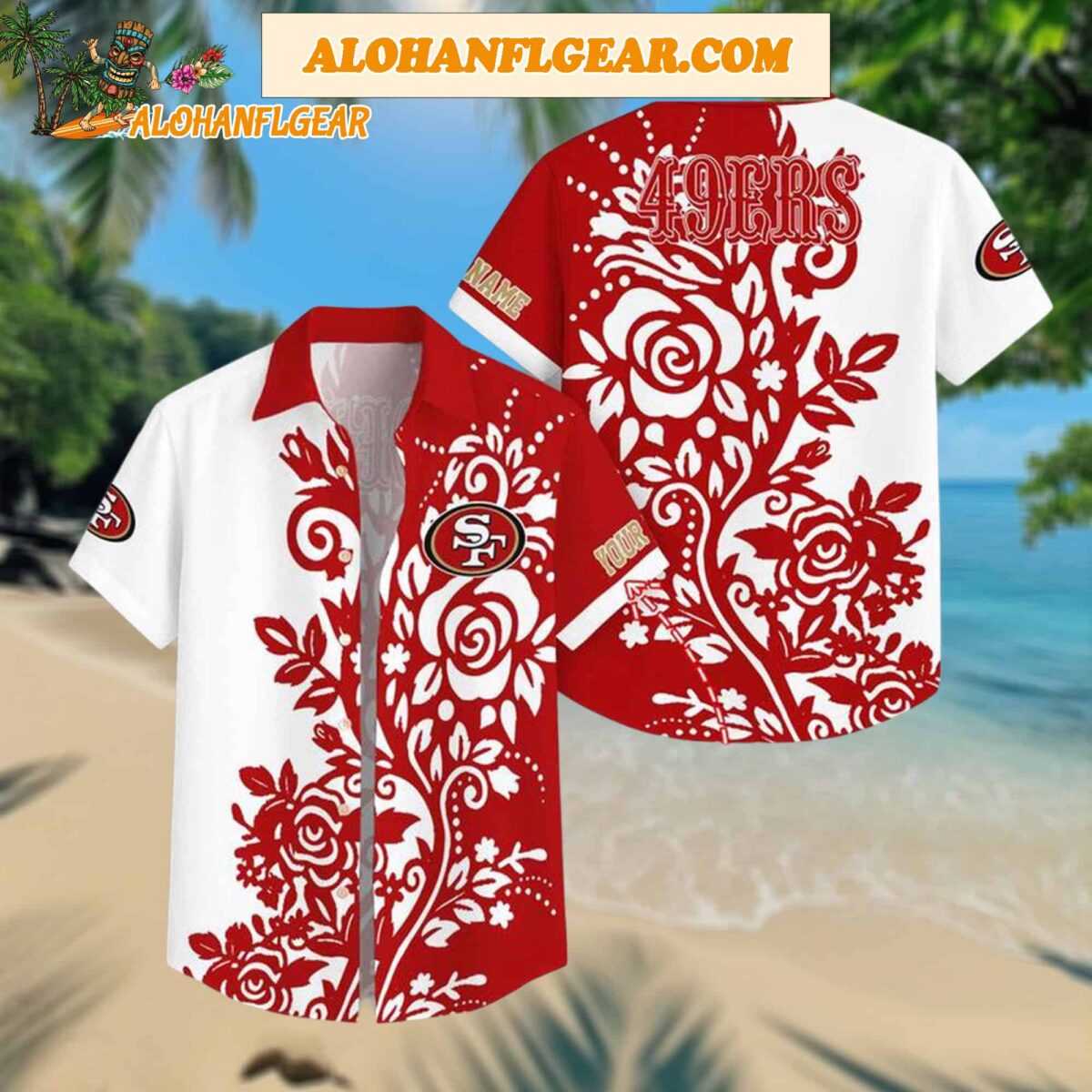 Custom Name San Francisco 49ers Rose Branch Pattern Aloha Hawaiian Shirt 1