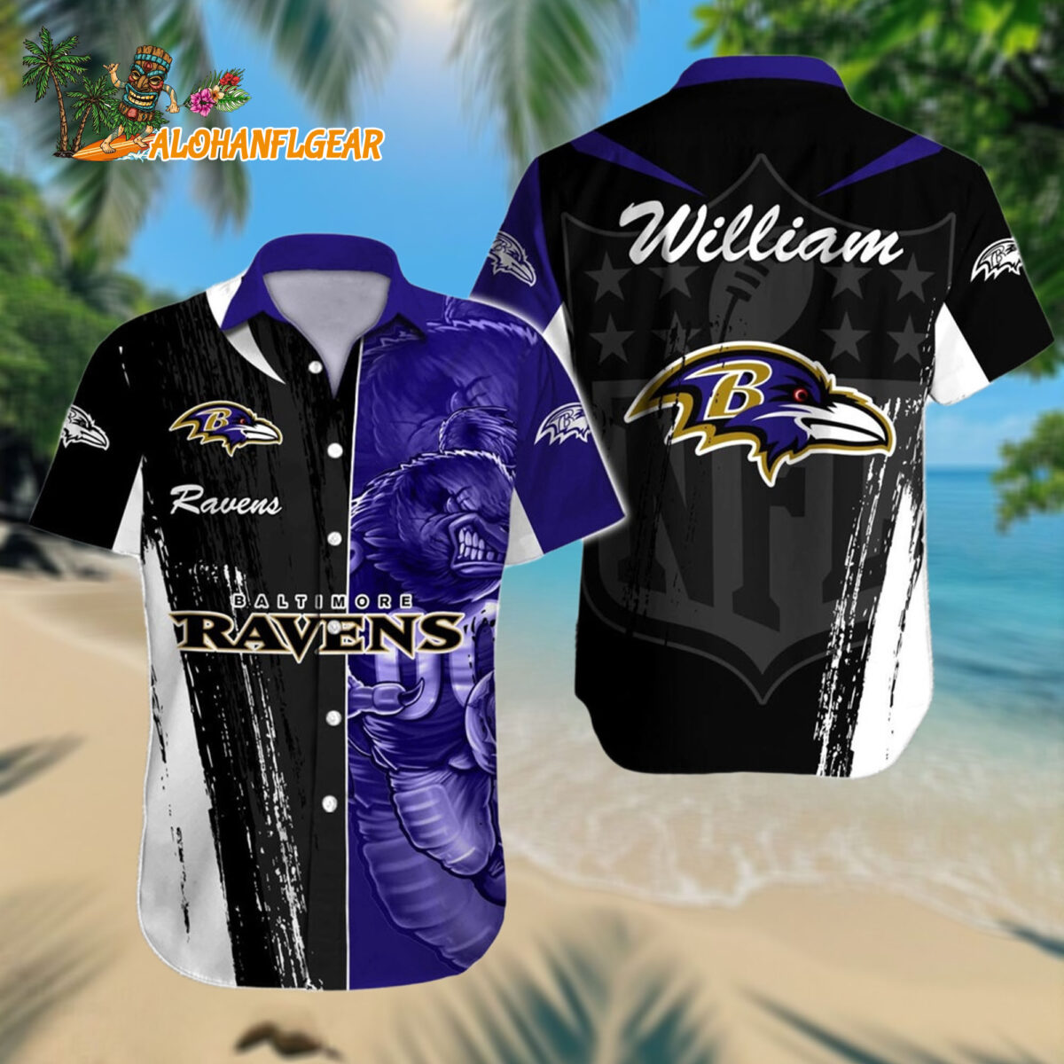Personalized Baltimore Ravens Hawaiianan Shirt Special Half Tone Mascot Aloha Shirt