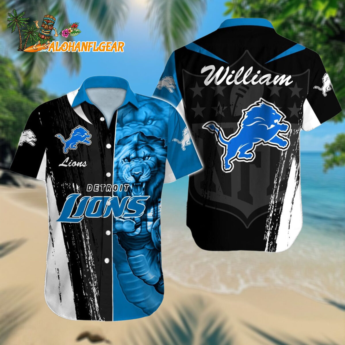 Personalized Detroit Lions Hawaiianan Shirt Special Half Tone Mascot Aloha Shirt