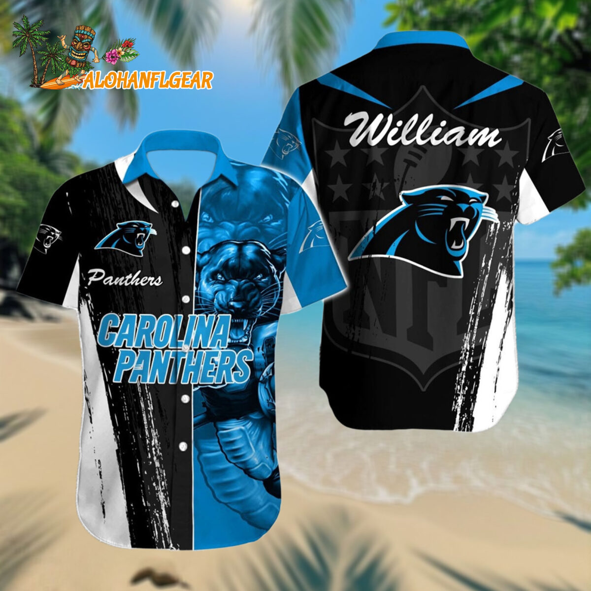 Personalized Nfl Carolina Panthers Hawaiianan Shirt Special Half Tone Mascot Aloha Shirt