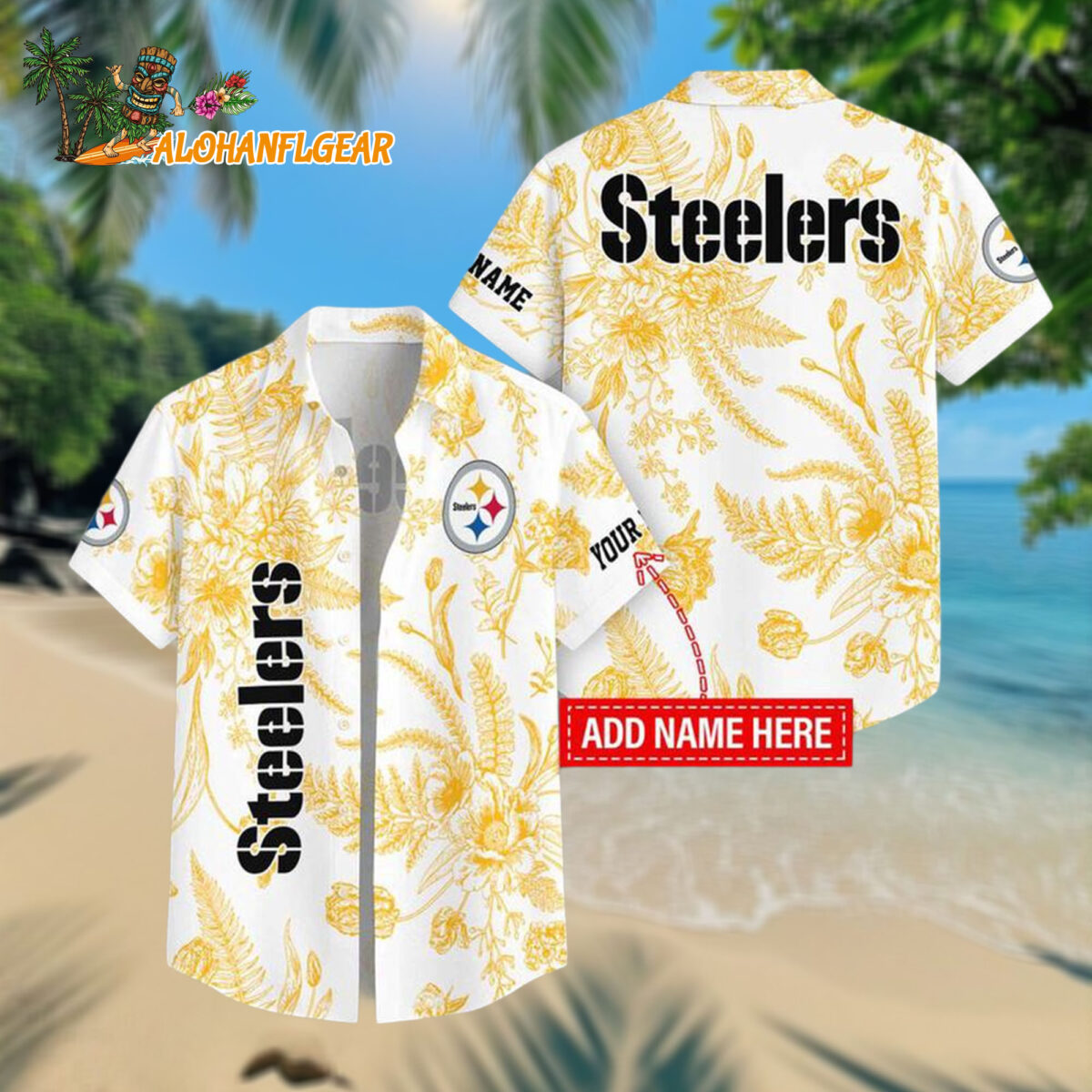 Pittsburgh Steelers Leaf Flower Pattern Personalized Name Hawaiian Shirt
