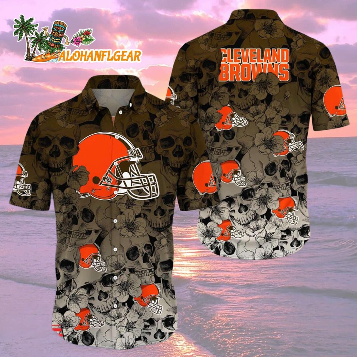 Cleveland Browns Skull Pattern Aloha Hawaiian Shirt 1 Cleveland Browns Skull Pattern Aloha Hawaiian Shirt 2