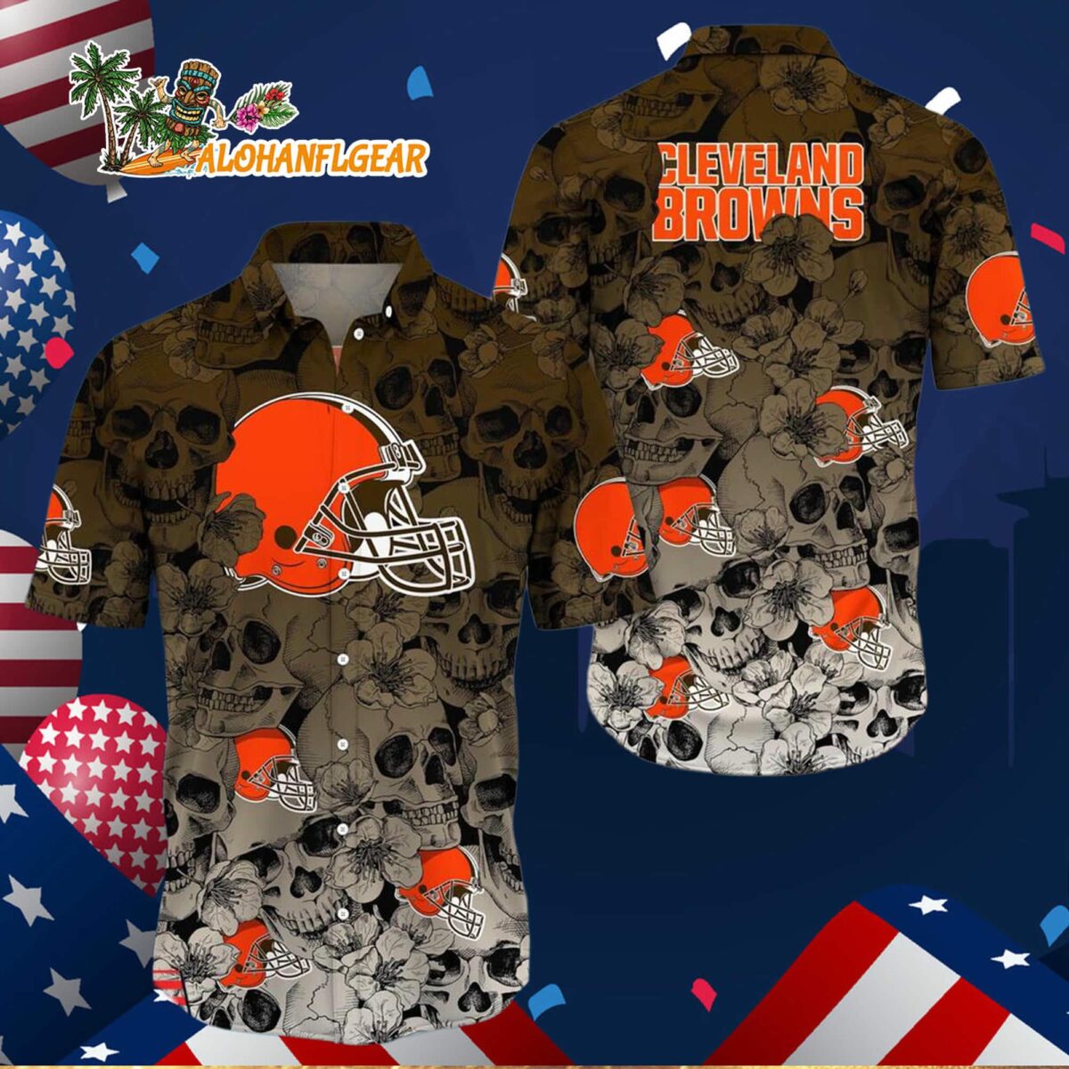 Cleveland Browns Skull Pattern Aloha Hawaiian Shirt 2 Cleveland Browns Skull Pattern Aloha Hawaiian Shirt 3