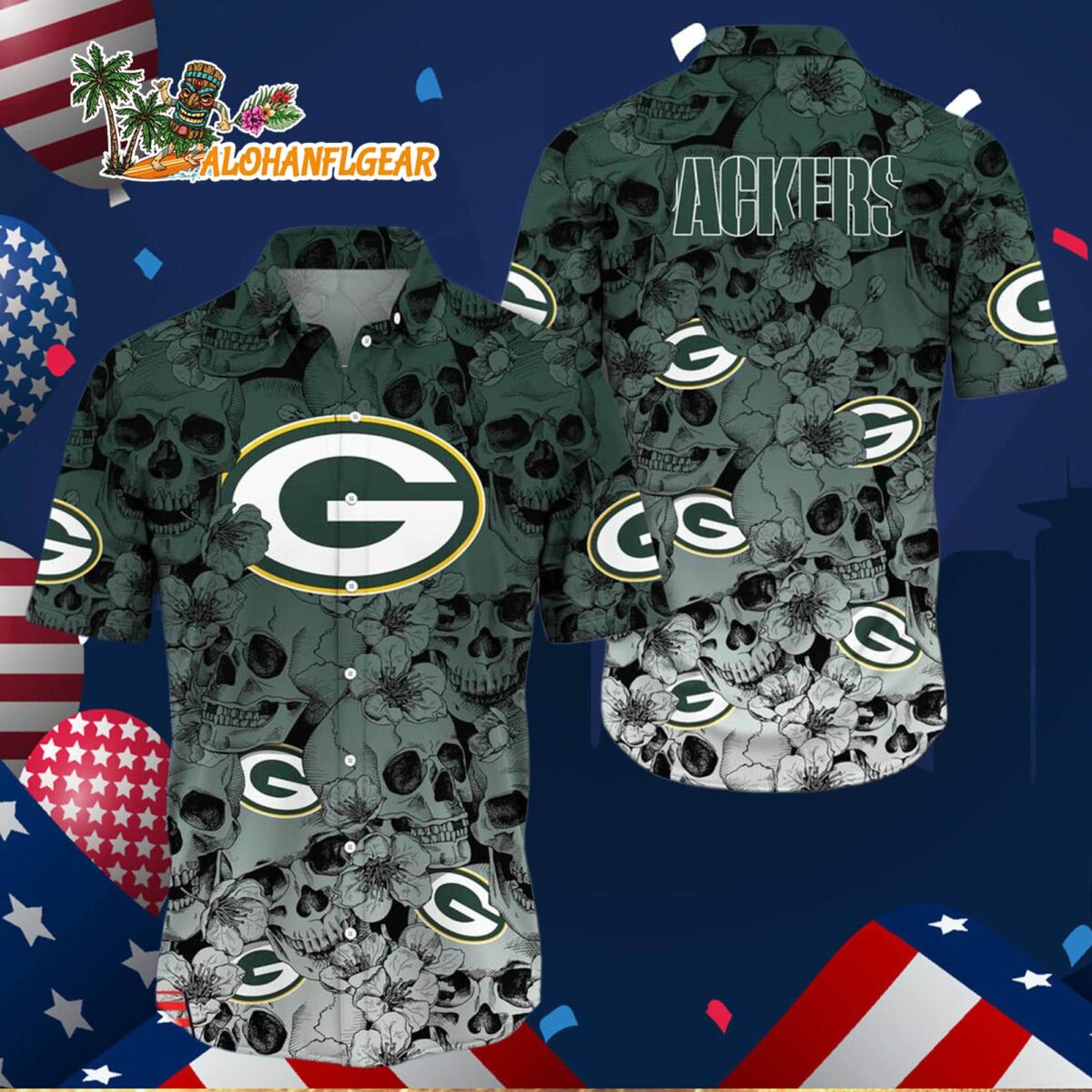 Green Bay Packers Skull Pattern Aloha Hawaiian Shirt 2 Green Bay Packers Skull Pattern Aloha Hawaiian Shirt 3