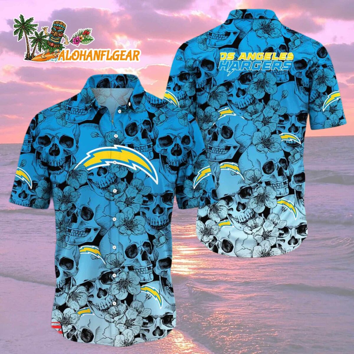 Los Angeles Chargers Skull Pattern Aloha Hawaiian Shirt 1 Los Angeles Chargers Skull Pattern Aloha Hawaiian Shirt 2