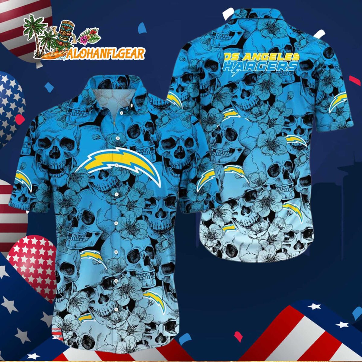 Los Angeles Chargers Skull Pattern Aloha Hawaiian Shirt 2 Los Angeles Chargers Skull Pattern Aloha Hawaiian Shirt 3