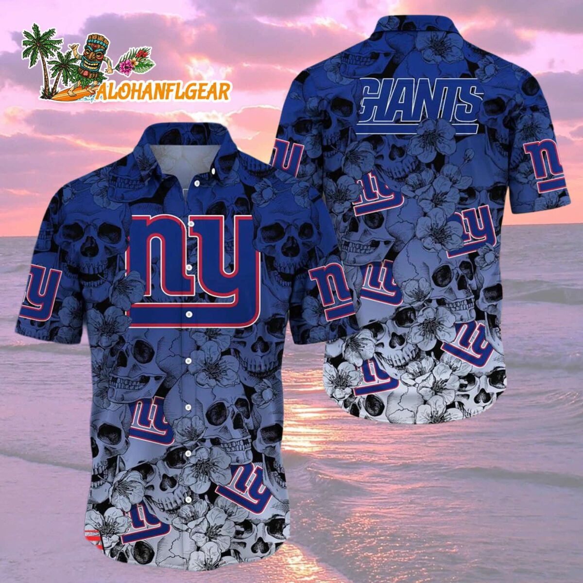 New York Giants Skull Pattern Aloha Hawaiian Shirt 1 New York Giants Skull Pattern Aloha Hawaiian Shirt 2