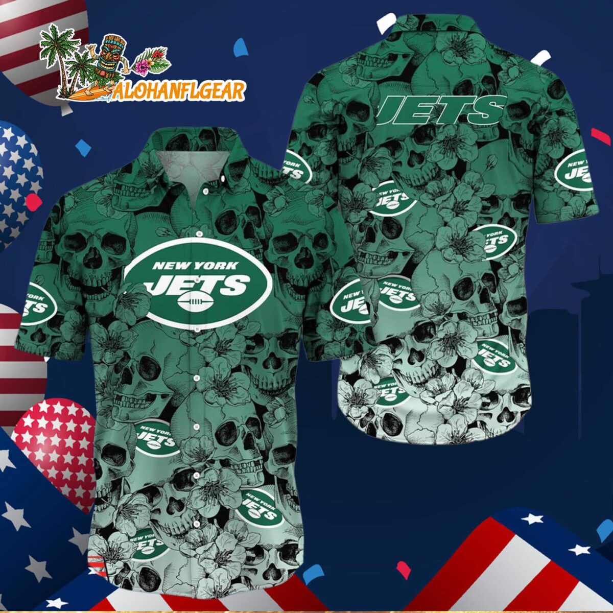 New York Jets Skull Pattern Aloha Hawaiian Shirt 3