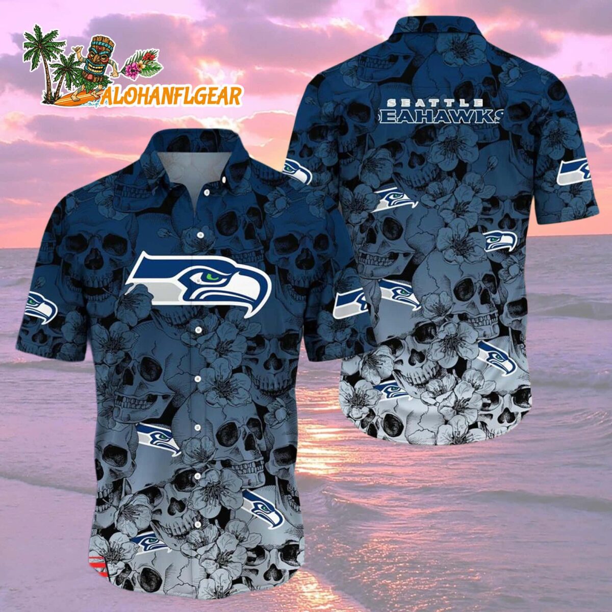 Seattle Seahawks Skull Pattern Aloha Hawaiian Shirt 1 Seattle Seahawks Skull Pattern Aloha Hawaiian Shirt 2