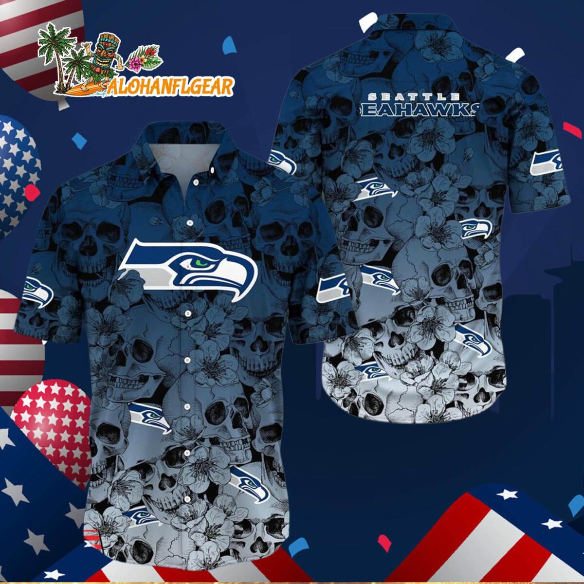 Seattle Seahawks Skull Pattern Aloha Hawaiian Shirt 2 Seattle Seahawks Skull Pattern Aloha Hawaiian Shirt 3