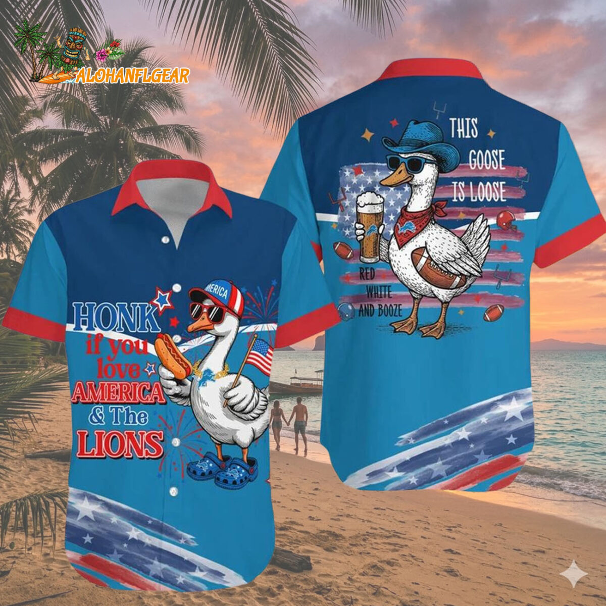 Detroit Lions Funny Goose USA Flag Hawaiian Shirt