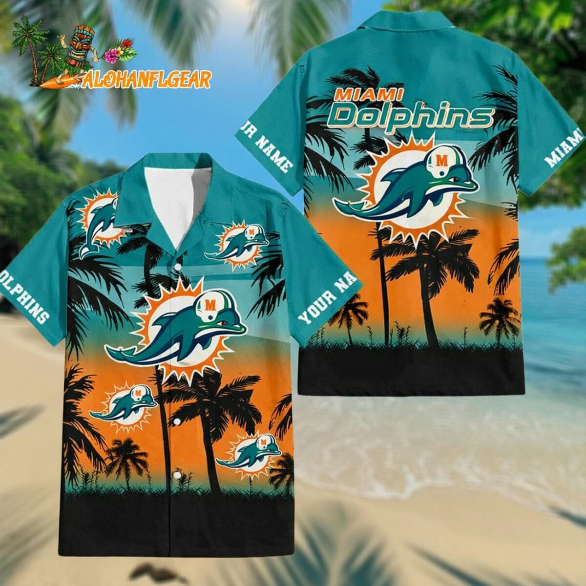 Personalized Vintage Miami Dolphins Palm Tree Sunset Hawaiian Shirt Retro 1972 2012 Logo Aloha Shirt