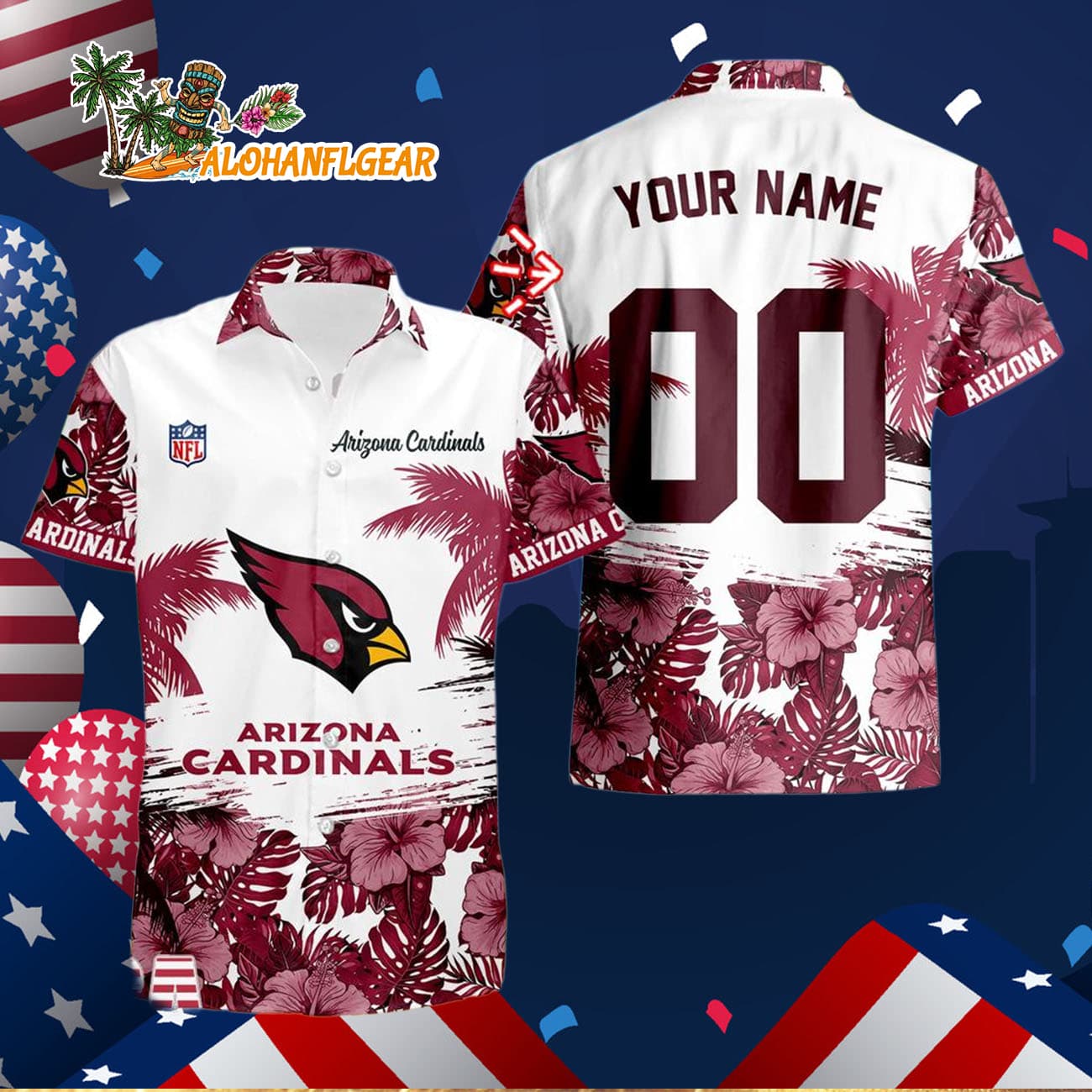 Arizona Cardinals Hibiscus Flower Custom Name Hawaiian Shirt, NFL Aloha Shirt Arizona Cardinals Hibiscus Flower Custom Name Hawaiian Shirt, NFL Aloha Shirt