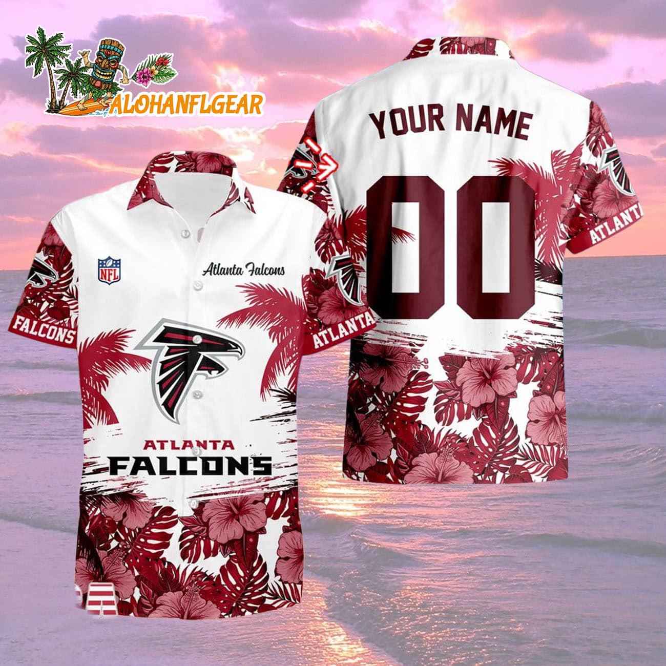 Atlanta Falcons Hibiscus Flower Custom Name Hawaiian Shirt, NFL Aloha Shirt Atlanta Falcons Hibiscus Flower Custom Name Hawaiian Shirt, NFL Aloha Shirt